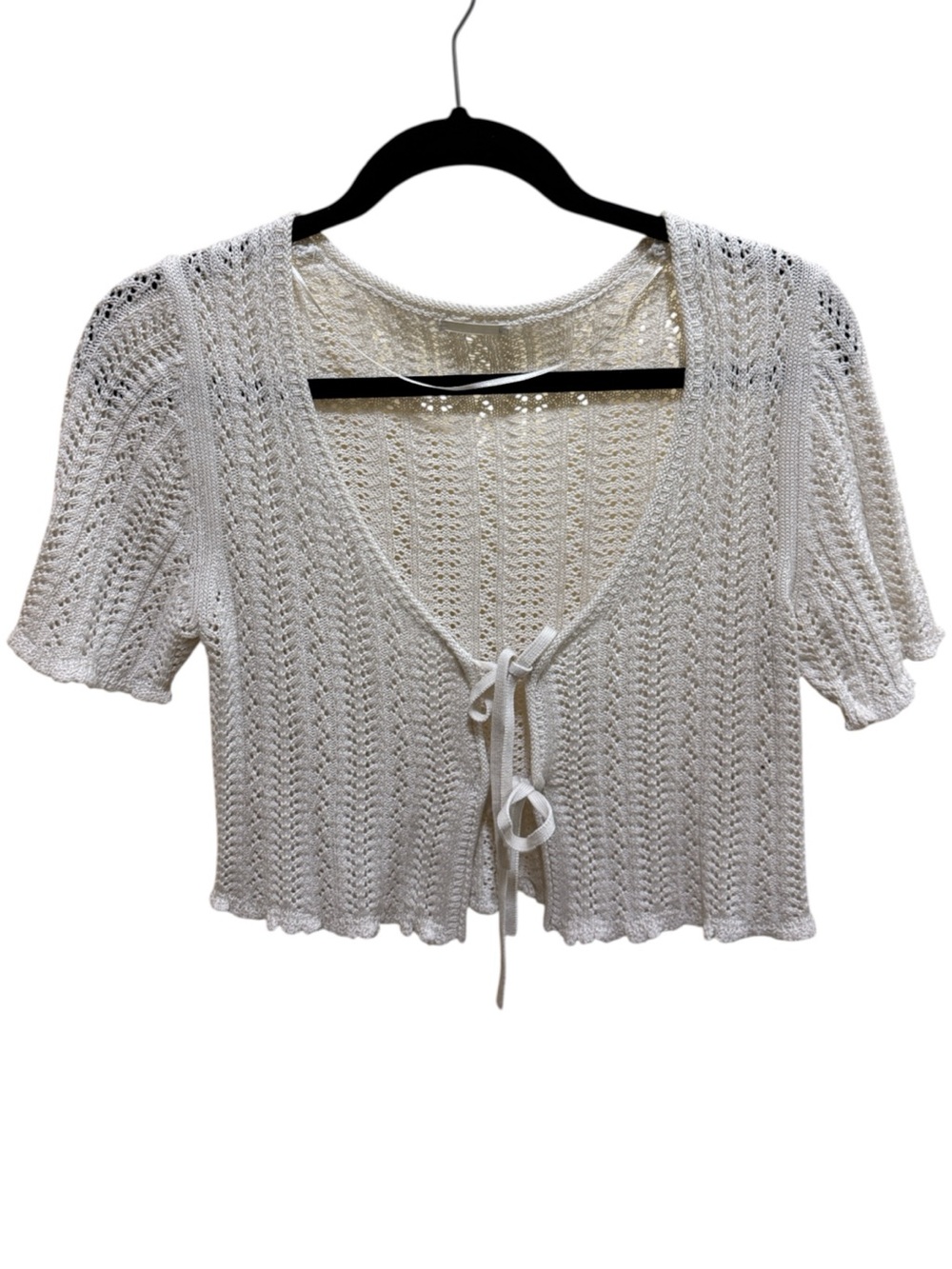 Open-Knit White Tie-Front Cropped Women's Top